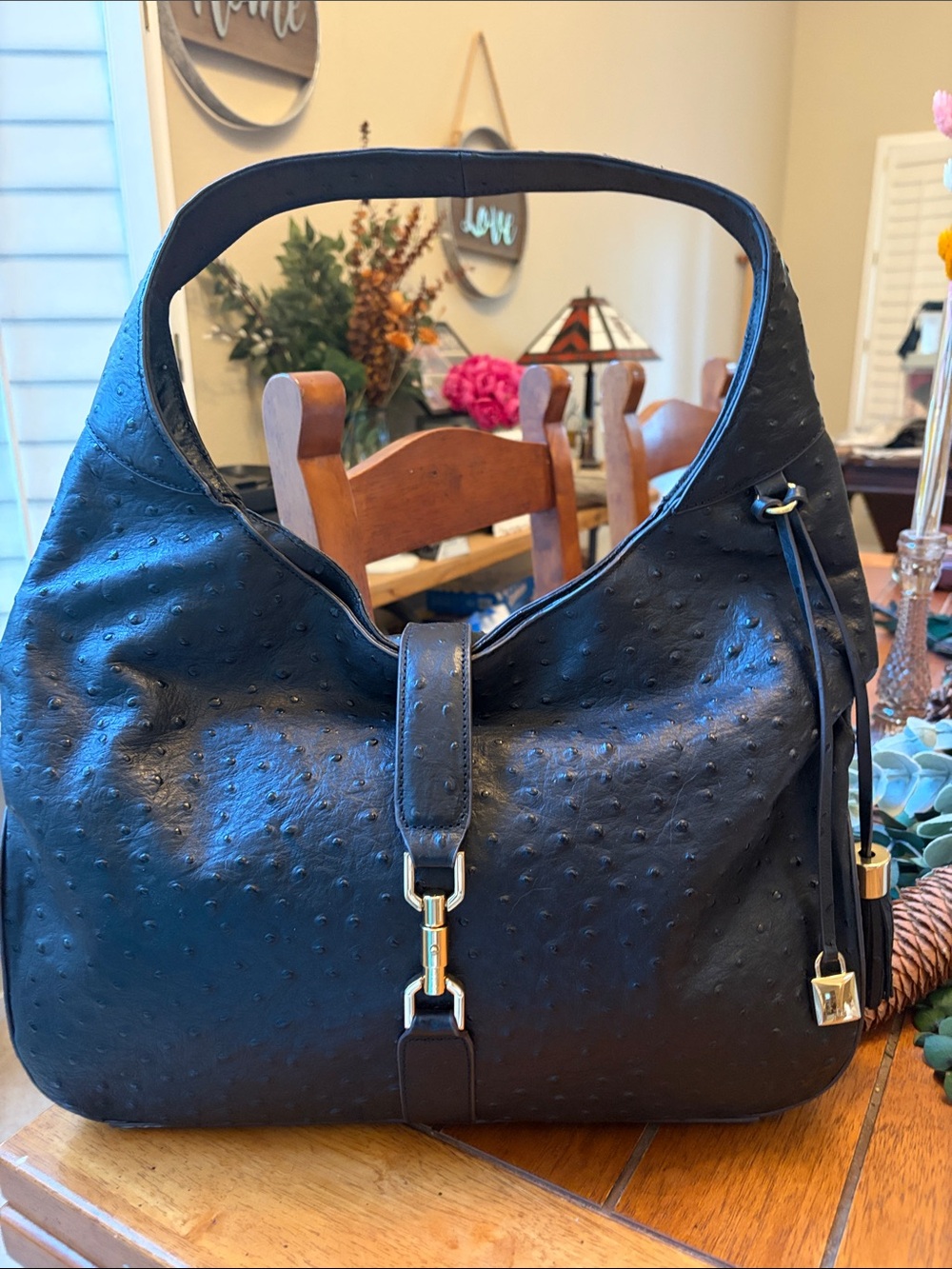 Black Ostrich-Texture G.I.L.I Hobo Bag with Gold Hardware